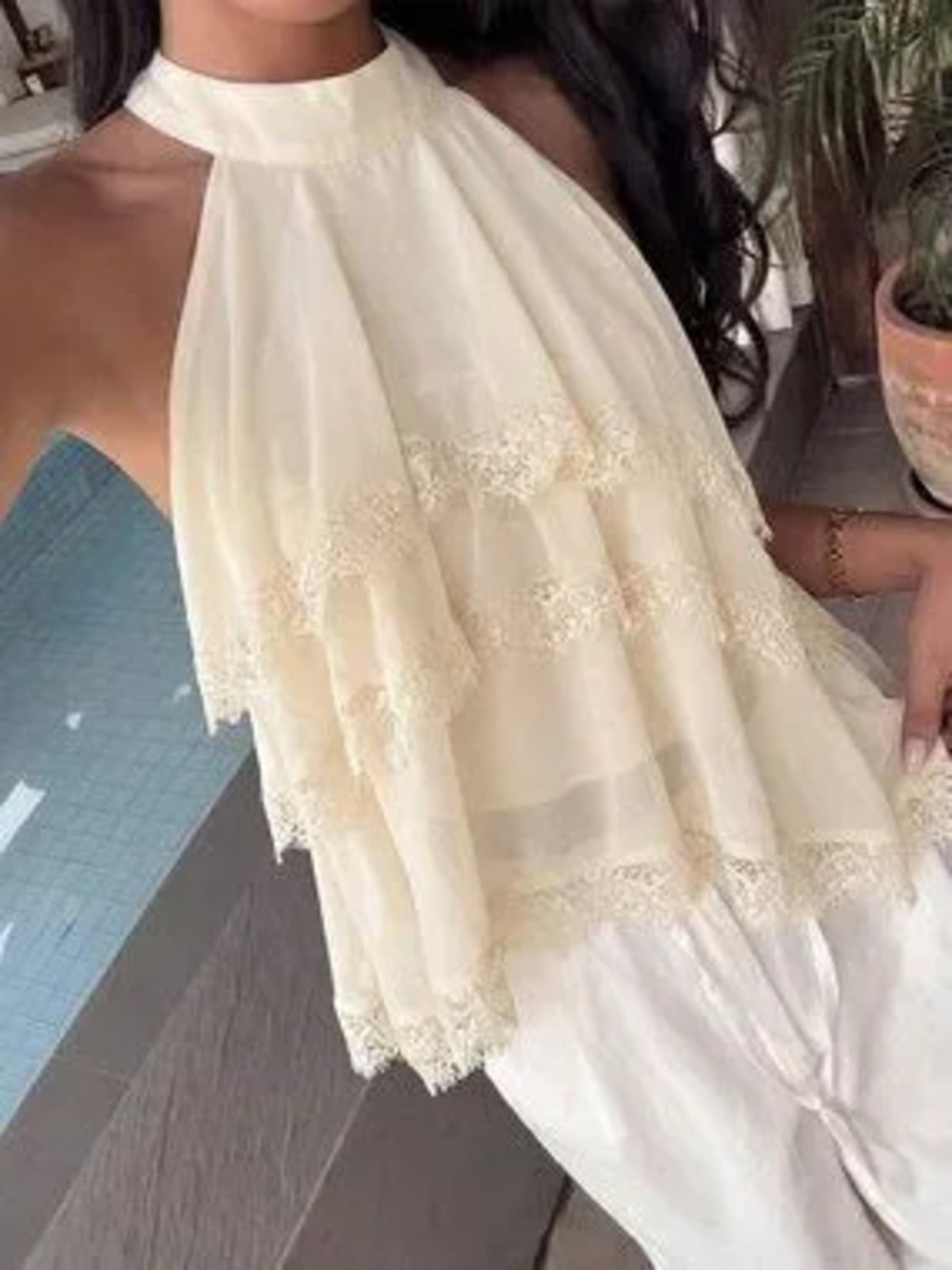 Apricot Casual Women's Halter Neck Ruffled Chiffon Lace Hem Blouse
